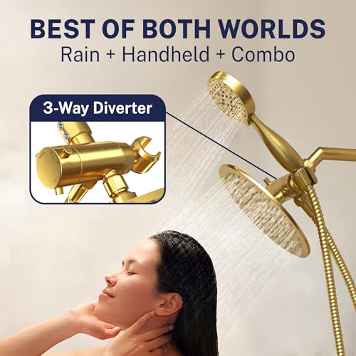 HammerHead Showers® Solid Metal Dual Shower Head Combo – BRUSHED GOLD – 8 Inch Rainfall High Flow Shower Head & 3-Flow Handheld Shower Head High Pressure with Hose 6ft - Luxury Double Shower Heads - color: Brushed Gold, size: 2.5 GPM Standard