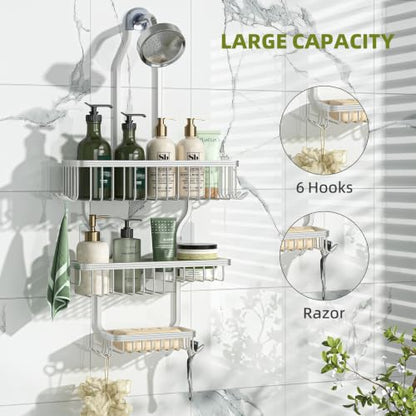 Simple Trending Shower Caddy Hanging, Shower Organizer with Large Capacity | Rustproof Shower Shelves with Hooks for Inside Shower, No Drilling Over Showerhead, Suction & Adhesive Install, Silver