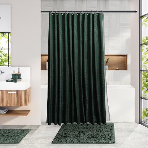 Clara Clark Bathroom Set, Shower Curtain Set and Shower Caddy Hanging | 25 Piece Hunter Green Bathroom Accessories Set with Toothbrush Holder, Soap Dispenser, Soap Dish, Toilet Brush, and Trash Can - color: Hunter Green, size: Complete Set + Shower Caddy