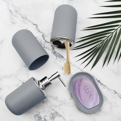 Bathroom Accessory Set, 4 pcs Shatter-Resistant Resin Bathroom Accessories Set Include Lotion Soap Dispenser Toothbrush Holder Soap Dish Modern Bathroom Decor, Gift for Home (Grey 4pcs) - style: Grey 4pcs