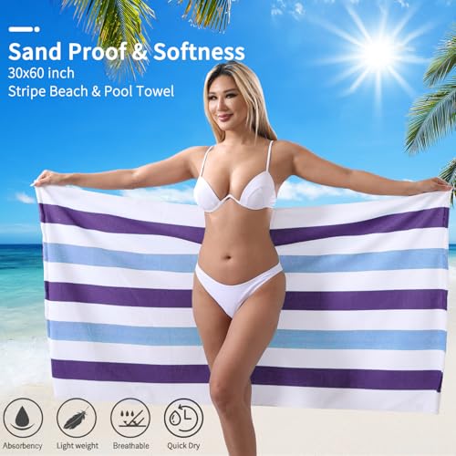 Beach Towel Set-4 Pack 30"x60" Sand Free Stripe Beach Towel for Pool,Bathroom,Soft Absorbent Quick Dry Lightweight Beach Bath Towel,Camping Blanket,Travel Towel,Beach Essentials for Adults,Plum/Blue - color: Plum/Blue