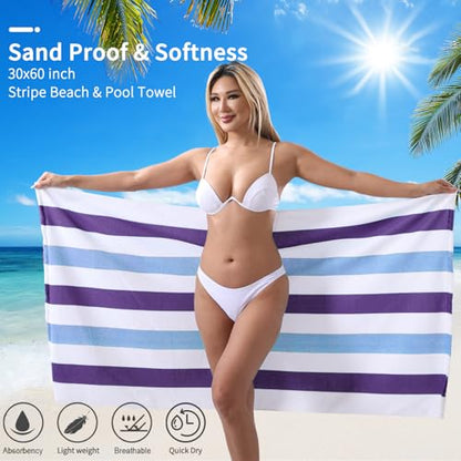 Beach Towel Set-4 Pack 30"x60" Sand Free Stripe Beach Towel for Pool,Bathroom,Soft Absorbent Quick Dry Lightweight Beach Bath Towel,Camping Blanket,Travel Towel,Beach Essentials for Adults,Plum/Blue - color: Plum/Blue