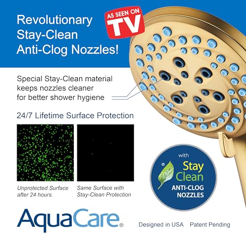 AquaCare New 8-mode High Pressure Handheld Shower Head w/ 2-way Power Wash | Stay Clean Nozzles, Dual Power Wash for Tub, Tile & Pets, Long 6 ft. Stainless Steel Hose, Wall & Overhead Brackets / Gold - color: Gold