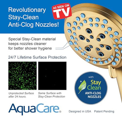 AquaCare New 8-mode High Pressure Handheld Shower Head w/ 2-way Power Wash | Stay Clean Nozzles, Dual Power Wash for Tub, Tile & Pets, Long 6 ft. Stainless Steel Hose, Wall & Overhead Brackets / Gold - color: Gold