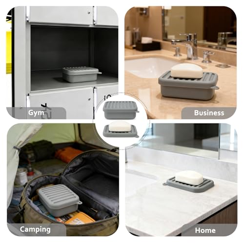 Silicone Travel Soap Case with Lid & Drain Tray, Leakproof, for Travel | Food-grade silicone, Leakproof seal, Built-in hook, Removable drain pad doubles as soap holder, For gym, travel, camping - color: Grey