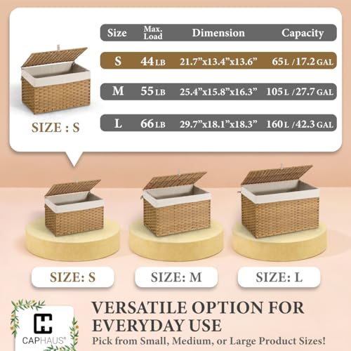 CAPHAUS Laundry Basket with Lid & Handles, Foldable Clothes Hamper, Large 65L Synthetic Rattan Storage Bin with 2 Removable Liner Bags, Collapsible Laundry Hamper, Brown - color: Brown, size: 17.2 Gal (65L)