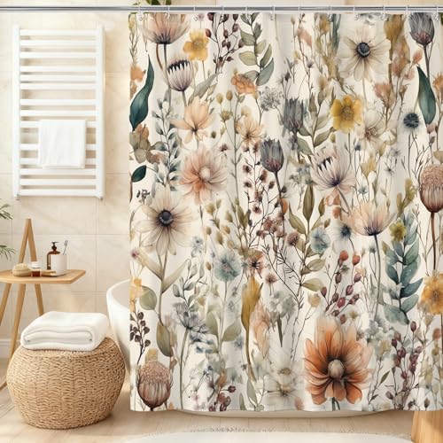 Boho Floral Watercolor Shower Curtain, Flower Natural Scandinavian Meadow Whimsical Shower Curtains for Bathroom, Cottagecore Abstract Plant Vintage Fabric Shower Curtain Set with Hooks, 72X72 - color: Multi Color