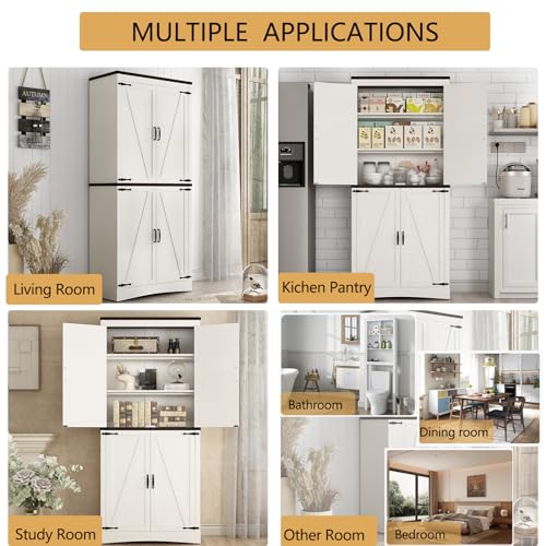 Hlivelood 71" Tall Kitchen Pantry,Farmhouse Storage Cabinet with Adjustable Shelves,Load-Bearing Steel Pipe,Farmhouse Pantry Cabinet with 4 Barn Doors,for Kitchen,Dining Room,Living Room(Rustic White) - color: Rustic White
