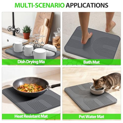 2 PCS Stone Dish Drying Mat ＆ Silicone Mat for Kitchen Counter – Diatomaceous Earth Bath Mat for Bathroom, 16.14"L×12.4"W×2 Quick Dry Mats for Dishes ,Bottles, Cups, Match Any Countertop(Gray) - color: Gray