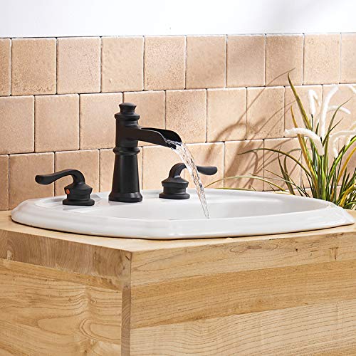 BWE Widespread Bathroom Faucet 3 Holes Matte Black with Pop Up Drain Assembly and Supply Hose Waterfall Black Two-Handle 8-16 inch Bathroom Faucet Lavatory Basin Mixer Tap - color: Black