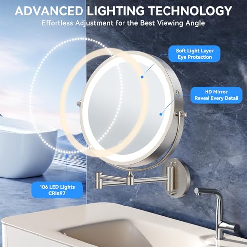 Auxmir 9″ 5000mAh 1X/30X Wall Mounted Lighted Magnifying Makeup Mirror | Power Adapter&2 Tweezers Included/ 3 Dimmable Colors/ Dual Sided Button Control/ Rechargeable/ 360° Rotation Extended Arm - color: 9'' 30x-nickel+adapter