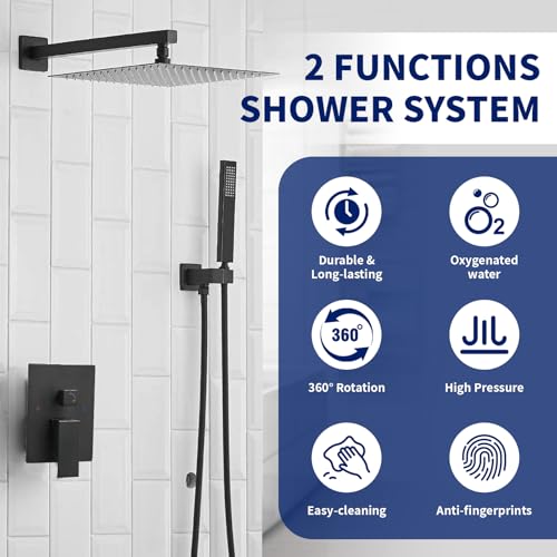 BWE 12 Inch Matte Black 2-Faction Wall Mounted Bathroom Shower System Set | Brass and Stainless Steel,Rainfall Shower Head,Handheld Shower Head,Pressure Balance Valve,Escutcheon Plate,Hotel,Bath Center - color: Matte Black, size: 12 Inch