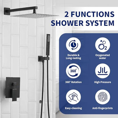 BWE 12 Inch Matte Black 2-Faction Wall Mounted Bathroom Shower System Set | Brass and Stainless Steel,Rainfall Shower Head,Handheld Shower Head,Pressure Balance Valve,Escutcheon Plate,Hotel,Bath Center - color: Matte Black, size: 12 Inch