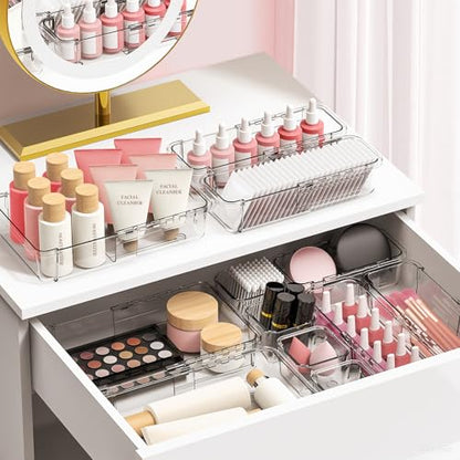 DILIBRA 16 Pcs Clear Extendable Drawer Organizer, Adjustable Drawer Storage | 3-Size Desk Drawer Organizer, Plastic Non-Slip Storage Bins for Makeup Cosmetic Jewelries Utensils Stationery Dressers Tool - size: 3Pcs Large + 5Pcs Medium + 8Pcs Small