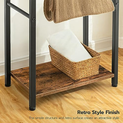 HOOBRO Free Standing Towel Rack for Bathroom, 2 Tier Blanket Rack, 16.5" L x 9.4" W x 31.5" H, Blanket Holder, Drying and Display Rack with Shelf, Rustic Brown and Black BF02LB01 - color: Rustic Brown + Black, size: 16.5"L x 9.4"W x 31.5"H