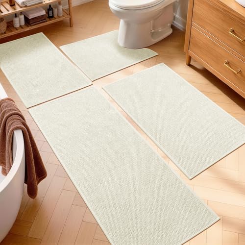 Beige Bathroom Rugs Sets 4 Piece, Quick Dry Thin Bath Mat with Toilet Rug, Non Slip Absorbent Machine Washable, Bath Runner Rugs for Bathtub Sink Home Decor - color: Beige, size: 4 pieces