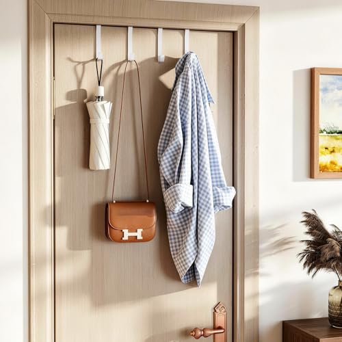 Over the Door Hooks, Curved Design Locks Wider & Longer, White | 4 Pack Door Hanger for 1.46" Thick Door with Sponge Mat, Door Hooks Organizer for Bathroom, Living Room, Kitchen