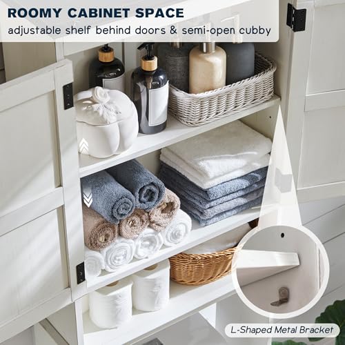 67" Farmhouse Over The Toilet Storage Bathroom Cabinet, Off White | Double Barn Doors, Adjustable Shelf, Open Cubby, Weathered Finish - color: Off White