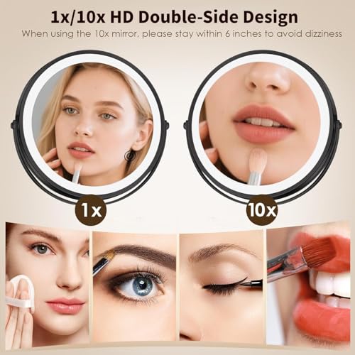 8.5" Wall Mounted Lighted Makeup Mirror, 3000 mAh Rechargeable Double-Sided 1X 10X Magnifying Mirror, 3 Color Lighting, Touch Screen Dimming, Extended Arm 360 Rotation Bathroom Mirro, Black - color: Black Wall-mounted