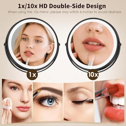 8.5" Wall Mounted Lighted Makeup Mirror, 3000 mAh Rechargeable Double-Sided 1X 10X Magnifying Mirror, 3 Color Lighting, Touch Screen Dimming, Extended Arm 360 Rotation Bathroom Mirro, Black - color: Black Wall-mounted