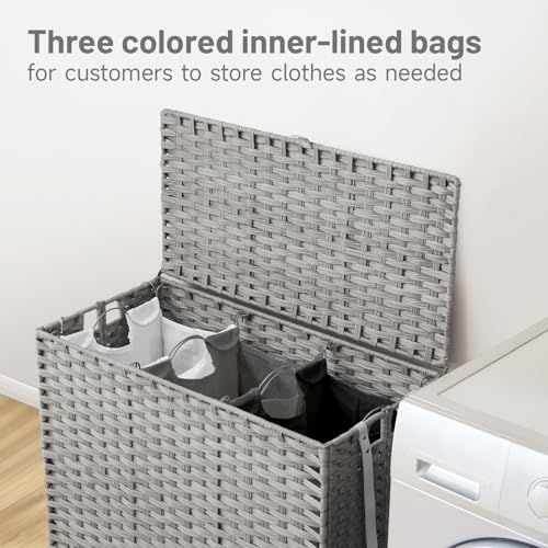 Laundry Hamper with Wheels, 52.8 Gallon(200L) Rolling Laundry Basket with Lid, Removable Large 3 Color Liners & 3 Mesh Laundry Bags, Clothes Hamper with Side Pocket, Grey - color: Grey, size: 31.5"L x 15.75"W x 25.6"H