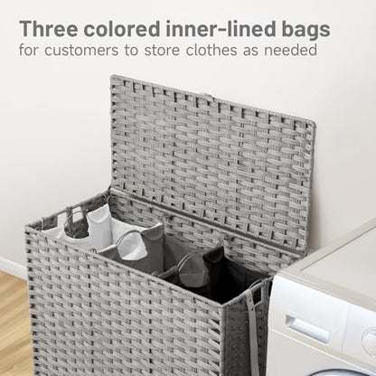 Laundry Hamper with Wheels, 52.8 Gallon(200L) Rolling Laundry Basket with Lid, Removable Large 3 Color Liners & 3 Mesh Laundry Bags, Clothes Hamper with Side Pocket, Grey - color: Grey, size: 31.5"L x 15.75"W x 25.6"H