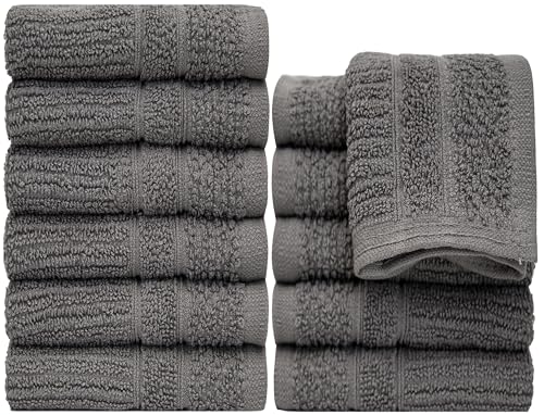 PH Pleasant Home Ribbed Wash Cloths Set - 12 Pack (12” x 12”) – 509 GSM - 100% Ring Spun Cotton Wash Cloth - Super Soft and Highly Absorbent Face Towels (Dark Grey) - color: Dark Grey, style: Ribbed