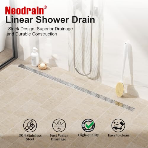 Neodrain 60" Linear Shower Drain, Brushed 304 SS Bathroom Linear Drain,cUPC | Brushed Nickel Shower Drain with Quadrato Grate& Adjustable Feet, Long Rectangle Shower Floor Drain in Bathroom, Balcony etc - color: Brushed Nickel, size: 60 In