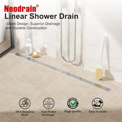 Neodrain 60" Linear Shower Drain, Brushed 304 SS Bathroom Linear Drain,cUPC | Brushed Nickel Shower Drain with Quadrato Grate& Adjustable Feet, Long Rectangle Shower Floor Drain in Bathroom, Balcony etc - color: Brushed Nickel, size: 60 In