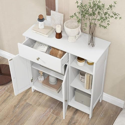 GOFLAME Bathroom Cabinet, 29.5" x 12" x 31.5" Floor Storage Cabinet with 1 Drawer, 3 Open Compartments, Adjustable Shelves, White