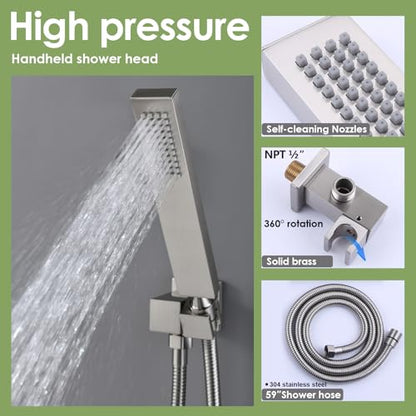Enga Dual Shower Head System with Body Jets, 12"+ 6" Wall Mounted Dual Rain Shower Faucet with Valve Kit, Brushed Nickel - color: Brushed Nickel, style: Wall-12"+6"+Jets