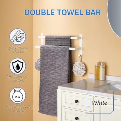 24 Inch Double Towel Bar for Bathroom with Hooks SUS 304 Stainless Steel Bath Towel Rack Wall Mounted White Finished - color: White, size: 24-Inch