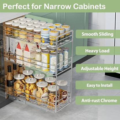 Pull Out Spice Rack Cabinet Organizer 8½" W x 20½" D, 3 Tier Heavy Duty Sliding Spice Cabinet Organization for Narrow Cabinet, Pull Out Shelves for Kitchen - size: 8½" W X 20½" D,3 Tier