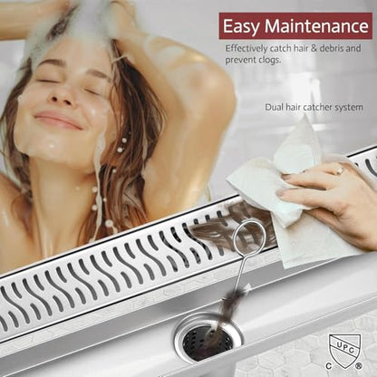 Linear Shower Drain, 32 inch Brushed Nickel | Including Hair Catcher and Removable Grate, 304 Stainless Steel, Easy to Install and Clean (Drain Base Not Included) - color: Brushed Nickel, size: 32 inch