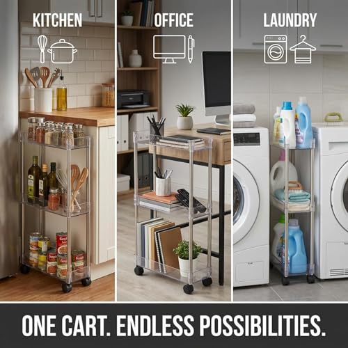 American Dream Home Chrome/Clear Acrylic Slim 3-Tier Rolling Cart Portable Narrow Storage Trolley with Wheels, Transparent Shelves for Bathroom, Kitchen, Office & Small Spaces - size: Medium