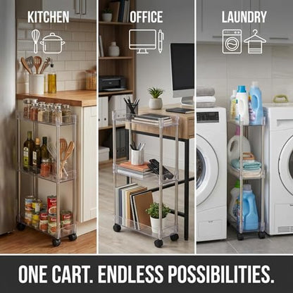 American Dream Home Chrome/Clear Acrylic Slim 3-Tier Rolling Cart Portable Narrow Storage Trolley with Wheels, Transparent Shelves for Bathroom, Kitchen, Office & Small Spaces - size: Medium