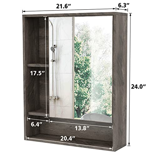 ChooChoo Bathroom Wall Mirror Cabinet, Medicine Cabinet with Storage Shelf | Over The Toilet Storage Cabinet, Adjustable Shelf, 6.3 x 21.6 x 24 Inches, Grey - color: Grey