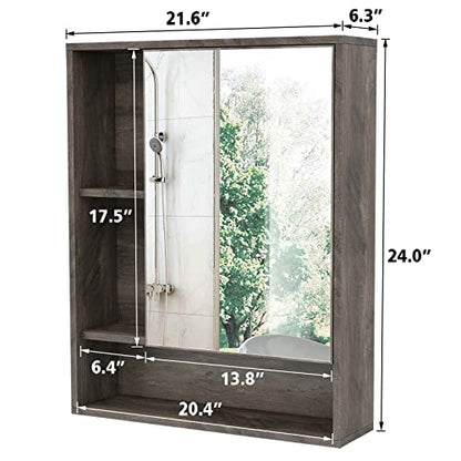 ChooChoo Bathroom Wall Mirror Cabinet, Medicine Cabinet with Storage Shelf | Over The Toilet Storage Cabinet, Adjustable Shelf, 6.3 x 21.6 x 24 Inches, Grey - color: Grey