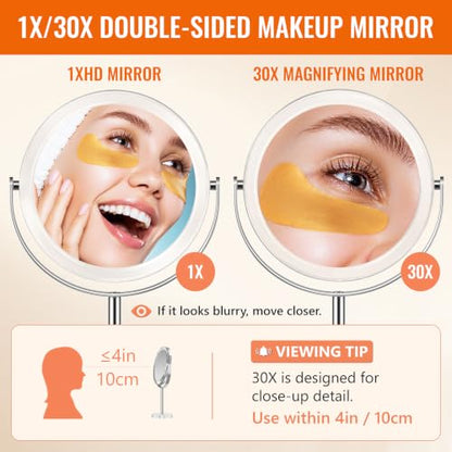 Auxmir 1X/30X Double-Sided Makeup Mirror, 8" Magnifying Mirror | 360°rotation, tweezers, vanity desk table stand travel, stainless steel and ABS construction, 30X magnification - color: 1x/30x-8 Inch