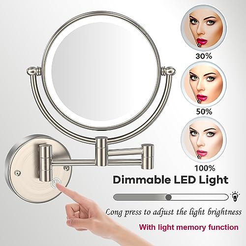 Wall Mounted Makeup Mirror with Lights, Brass, Brushed Nickel | 2 Sided 1/5X Magnifying, Bathroom Vanity Cosmetic, Touch Sensor, 3 Color Lighting, Extended Arm, 360 Rotation, Rechargeable - color: Brushed Nickel