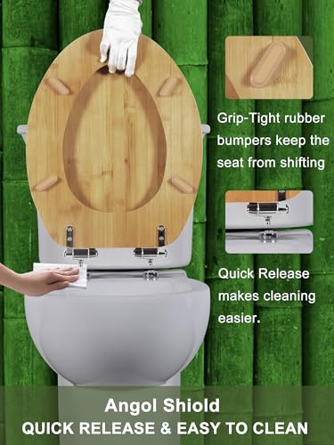 Angol Shiold ELONGATED Bamboo Toilet Seat Quick Release Soft Close18.5Inch | Adjustable Zinc Alloy Strong Hinges, Light, Easy to Install & Clean, Up to 400 lbs (Elongated 18.5", Natural Bamboo) - color: Soft Close & Quick Release, size: Elongated -18.5"