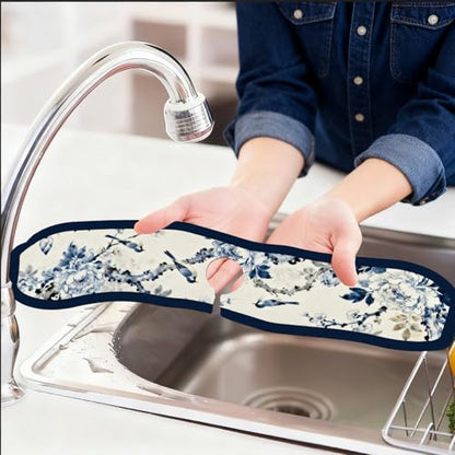 2 Pcs Irregular Shape Kitchen Sink Splash Guard Faucet Mat Flower and Bird Painting Pattern Faucet Mat for Sinks Chinese Style Absorbing Drying Mats for Kitchen Bathroom, 23.6x5.5inch - color: Flower and Bird