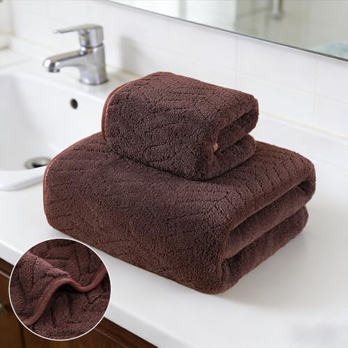Cozy Wheat Spike Stripes Bath Towel Set Coral Fleece from Bamboo Bathroom Towels-Soft&Absorbent Wheat Spike Stripes Pattern-Brown