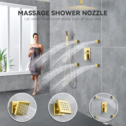 Rain Shower System With Complete 4 Pcs Body Sprays Jets And Pressured Balance Rough-in Valve,12Inch Rainfall Shower Head And Handheld, Modern Brushed Gold Ceiling Mount Shower Faucet Sets - color: Brushed Gold, style: Ceiling-Mount 4 Jets