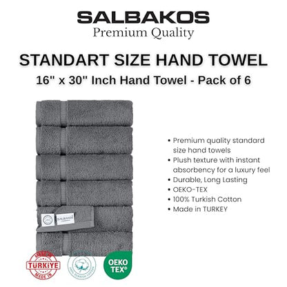 SALBAKOS 6-Piece 100% Turkish Cotton Hand Towels, 16x30 inch, Gray | Large Size Thick Super Soft Highly Absorbent, Versatile Hair Face & Hand Drying Towel, Premium Hotel Quality Made in Turkey - color: Gray, size: 6 Hand Towels