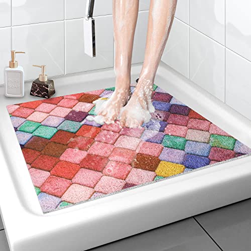 Shower Mat Non-Slip, 24x 24 Inch Square, Soft Comfort Bath Mats with Drainage Holes, PVC Loofah Massage Shower Floor Mat for Shower, Bathroom, Wet Areas, Quick Drying - color: Colorful Rhombus, size: 24" x 24" (Square)