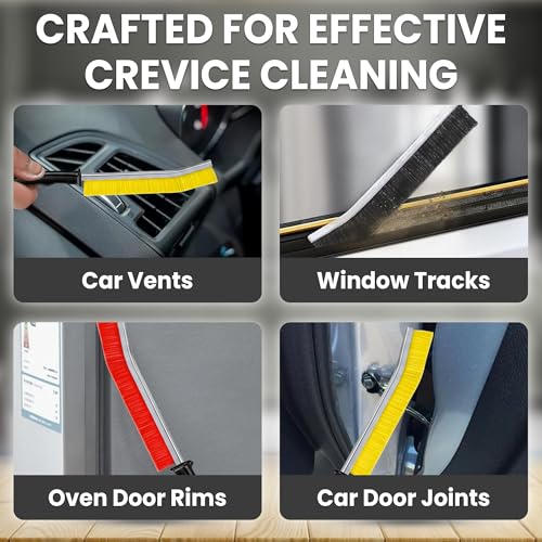 Crevice Cleaning Brush Set 3Pcs Hard Bristle Tools for Narrow Spaces | Includes Red, Black & Yellow Grout Scrub Brushes for Tile Floors, Bathroom, Shower, Window Tracks & Kitchen Cleaning.