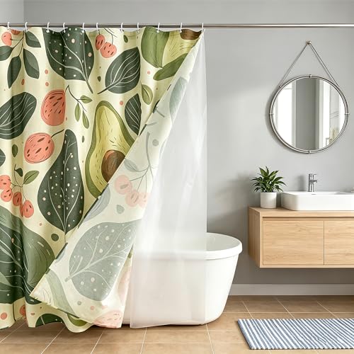 Tropical Fruits Linen Boho Shower Curtain Set with Liner,72" Wx72 L | Double Layer Shower Curtain Waterproof Fabric with Zippered Removable PEVA Liner,Boho Shower Curtain for Bathroom,Free Hooks - color: Avocado
