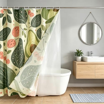 Tropical Fruits Linen Boho Shower Curtain Set with Liner,72" Wx72 L | Double Layer Shower Curtain Waterproof Fabric with Zippered Removable PEVA Liner,Boho Shower Curtain for Bathroom,Free Hooks - color: Avocado