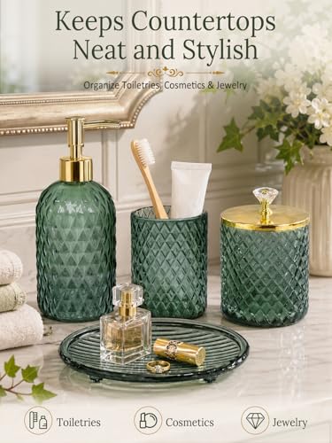 Haturi Glass Bathroom Accessories Set, Sage Green Bathroom Set, 4 Pcs | Kit w/ Bathroom Soap Dispenser Set, Toothbrush Holder, Qtip Holder,Soap Dish, Green Bathroom Decor, Gift for Home Apartment - style: Sage Green
